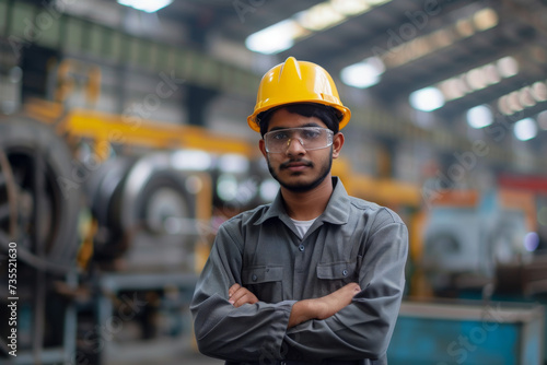 A rugged blue-collar indian worker donning a hard hat and glasses, ready to take on the construction site with his engineering expertise and workwear