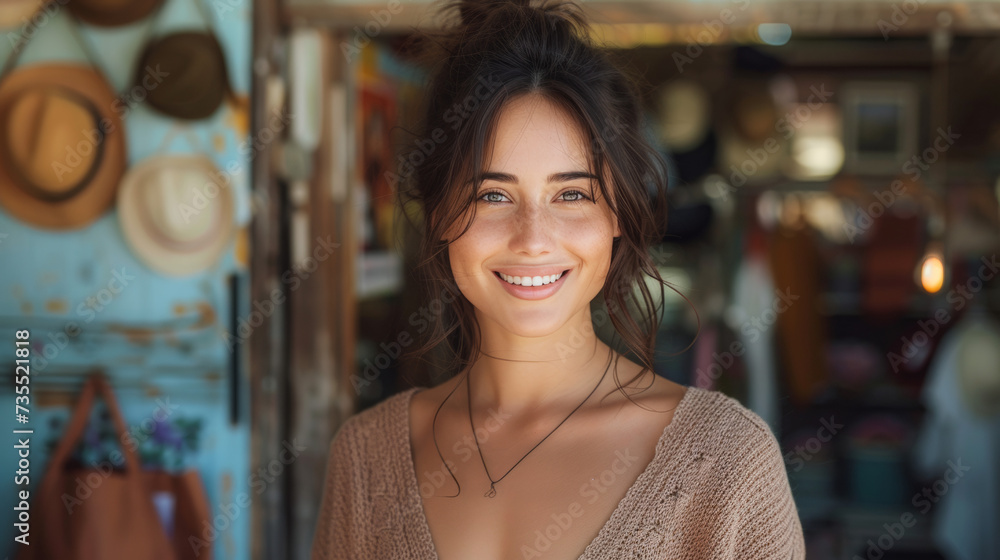 A stylish woman with a radiant smile stands in an indoor store, wearing a beautiful dress and a necklace as she confidently shows off her black hair and fashion accessories A stylish woman with a radiant smile stands in an indoor store, wearing a beautiful dress and a necklace as she confidently shows off her black hair and fashion accessories