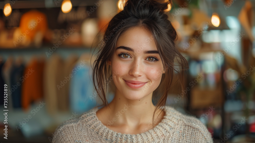 A vibrant woman with a warm smile and layered brown hair gazes confidently into the camera, showcasing her stylish clothing and captivating facial features - obrazy, fototapety, plakaty 