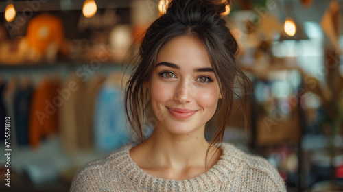 A vibrant woman with a warm smile and layered brown hair gazes confidently into the camera, showcasing her stylish clothing and captivating facial features