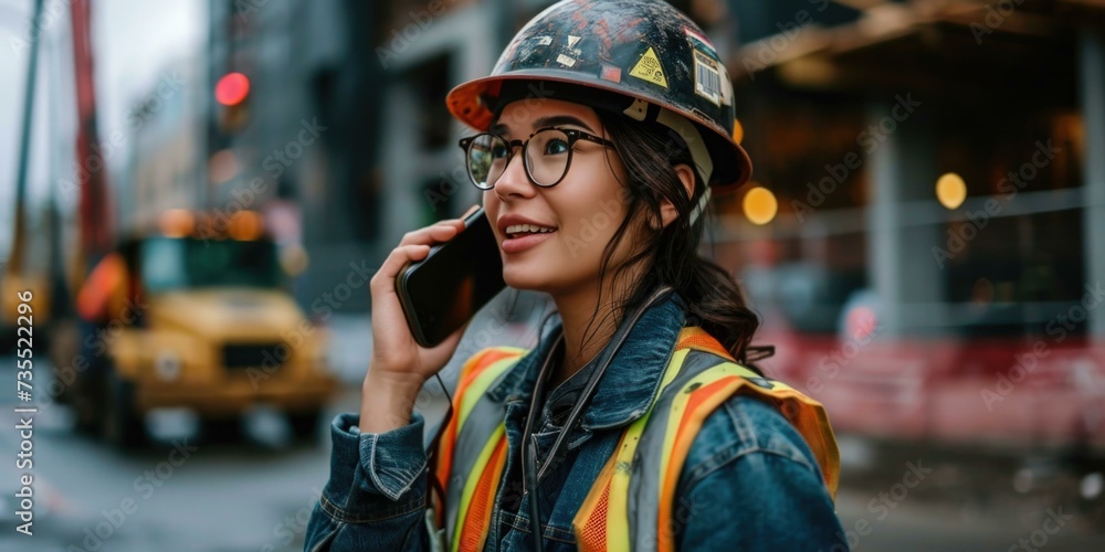 A woman wearing a hard hat and glasses talking on a cell phone. Generative AI. A woman wearing a hard hat and glasses talking on a cell phone. Generative AI.