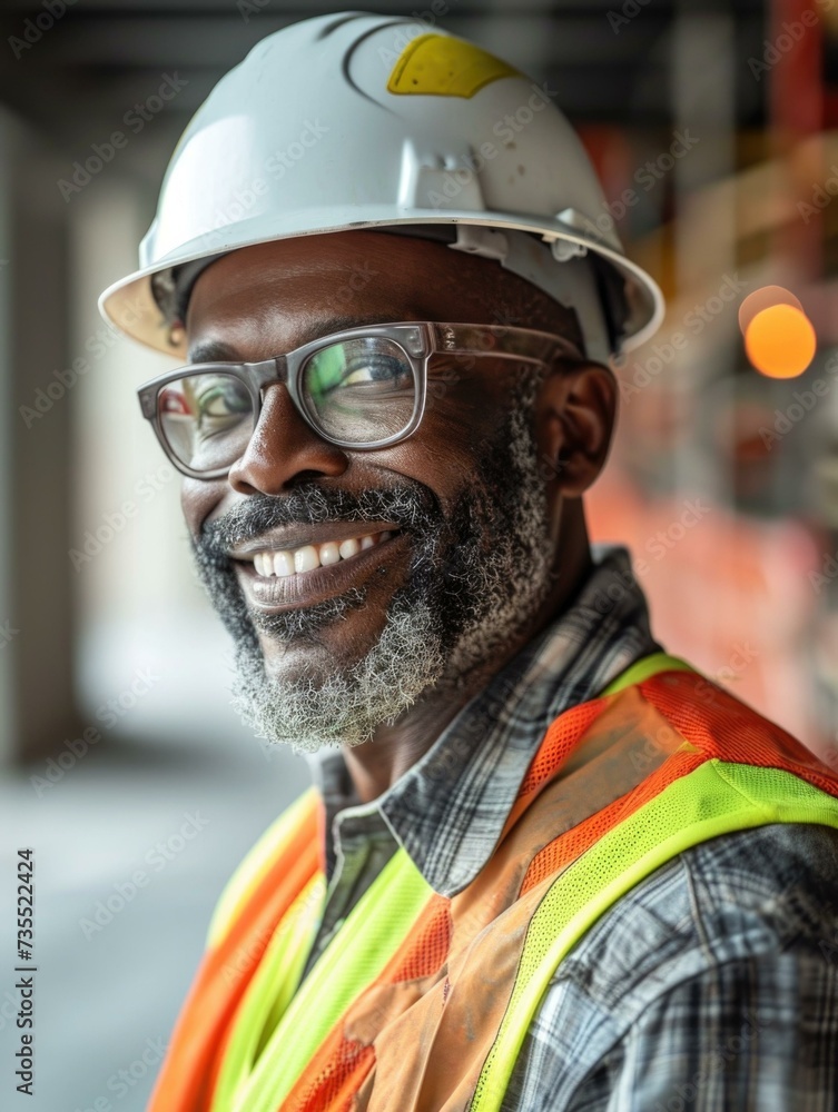 An african american man in a hard hat and glasses. Generative AI. An african american man in a hard hat and glasses. Generative AI.