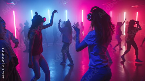 A vibrant and lively group of dancers move gracefully under the neon lights, their magenta clothing adding to the electric atmosphere of this entertaining event