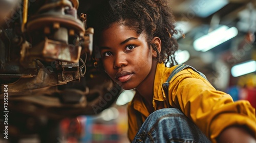 A young woman is sitting on the ground in front of a car. Generative AI.