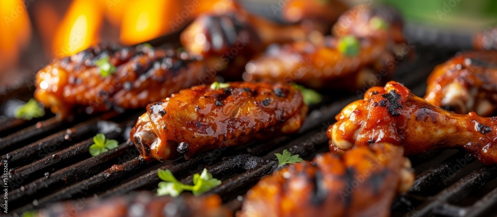 Close-up of sizzling grill with delicious seasoned chicken cooking on it for summer barbecue and outdoor picnic