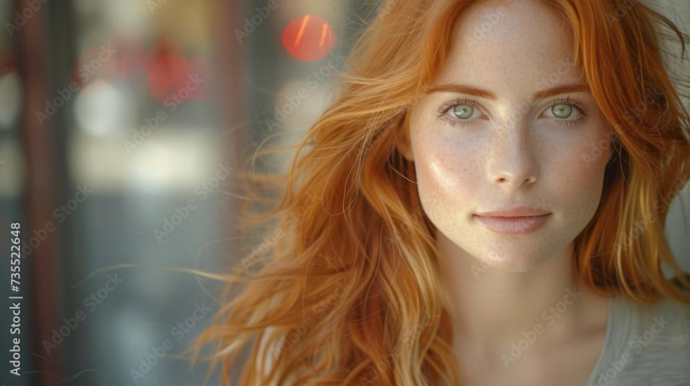A spirited redhead with a sun-kissed complexion and tousled surfer hair poses for a portrait, her freckles and bright red locks adding a touch of whimsy to her confident gaze - obrazy, fototapety, plakaty 