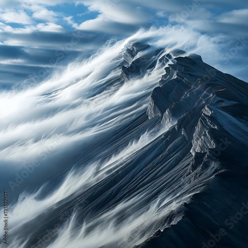 a very tall mountain covered in clouds under a blue sky