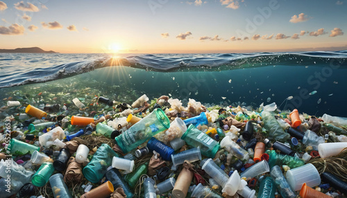 Free-floating industrial plastic waste in the ocean and on beaches, massively polluting coastal regions and waters around the world - ai generated photo