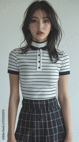 A young girl wearing a striped blouse and miniskirt poses confidently against a wall during a fashion photo shoot, exuding a sense of casual elegance with her relaxed shoulder and waist, showcasing t