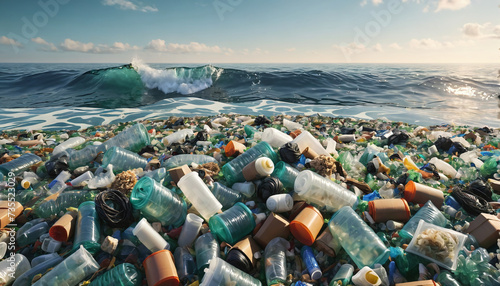 Free-floating industrial plastic waste in the ocean and on beaches, massively polluting coastal regions and waters around the world - ai generated photo