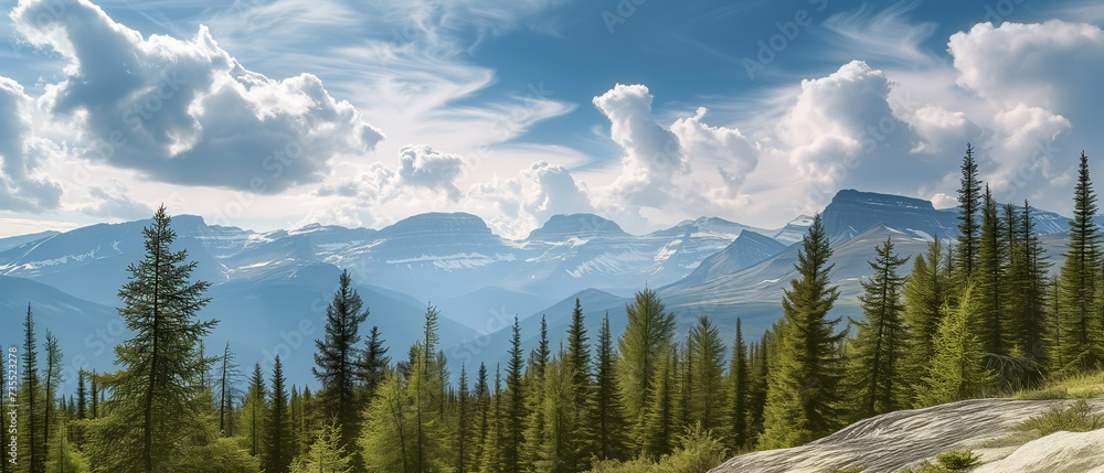 Majestic Mountain Range Overlooking a Lush Coniferous Forest Under a Dramatic Cloud-Filled Sky