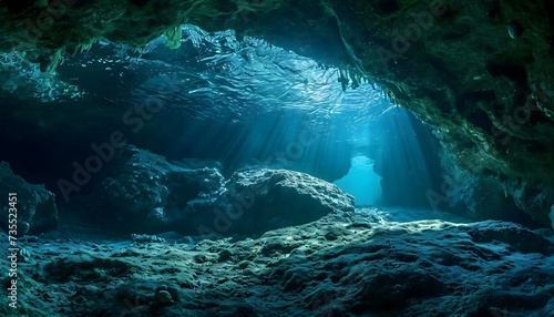 a underwater cave with sunlight streaming through the water photo