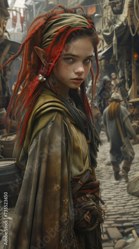 A vibrant young woman with fiery red hair and a flowing cloak walks confidently down the busy street, her human face radiating determination and grace as she embraces the outdoor world in her unique 