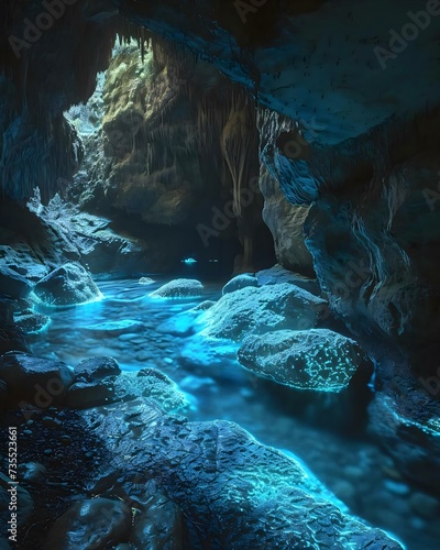 a cave filled with blue water surrounded by rocks