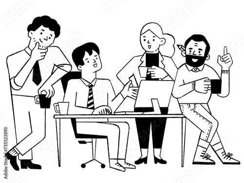 Cute vector illustration character of young business teamwork, happy and smiling, having conversation together. Outline, thin line art, hand drawn skecth design. 