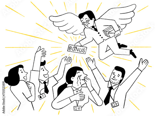 Cute vector illustration of office workers happy and celebration with receiving bonus from boss, who flying in the sky. Outline, thin line art, hand drawn sketch design.  