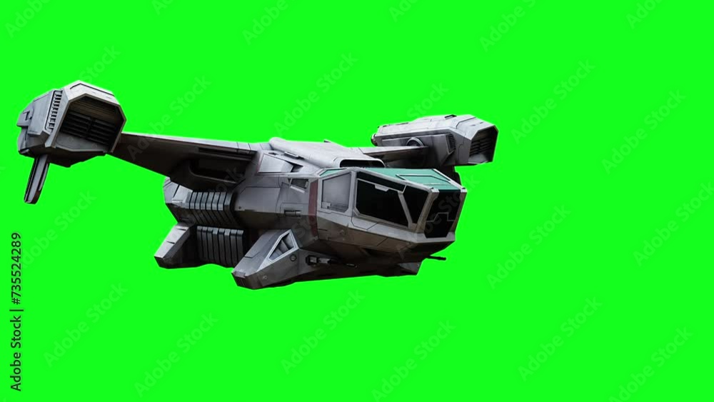 Futuristic flying spaceship. Green screen isolate.