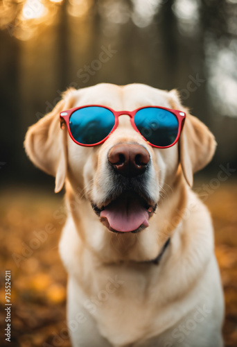 A Labrador Retriever with red sunglasses. Its expression is joyful and playful.