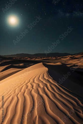 a desert with a moon and stars in the sky