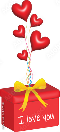 Beautiful red airy heart balloons with a gift. Card with congratulatory motif Valentine theme, birthday, wedding and Mothers Day, congratulations with space for your text. I love you.