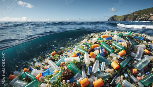 Free-floating industrial plastic waste in the ocean and on beaches, massively polluting coastal regions and waters around the world - ai generated photo