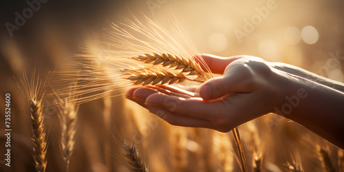 hand holding wheat, A hand holding a stalk of wheat in a field, A Serene Farmer Grasping a Bountiful Wheat Crop in a Sunlit Field, Harvesting Abundance, Generative AI