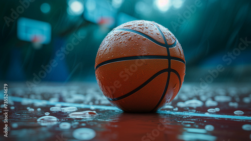 Basketball draussen im Regen auf dem Spielfeld. Querformat. Generative Ai. photo