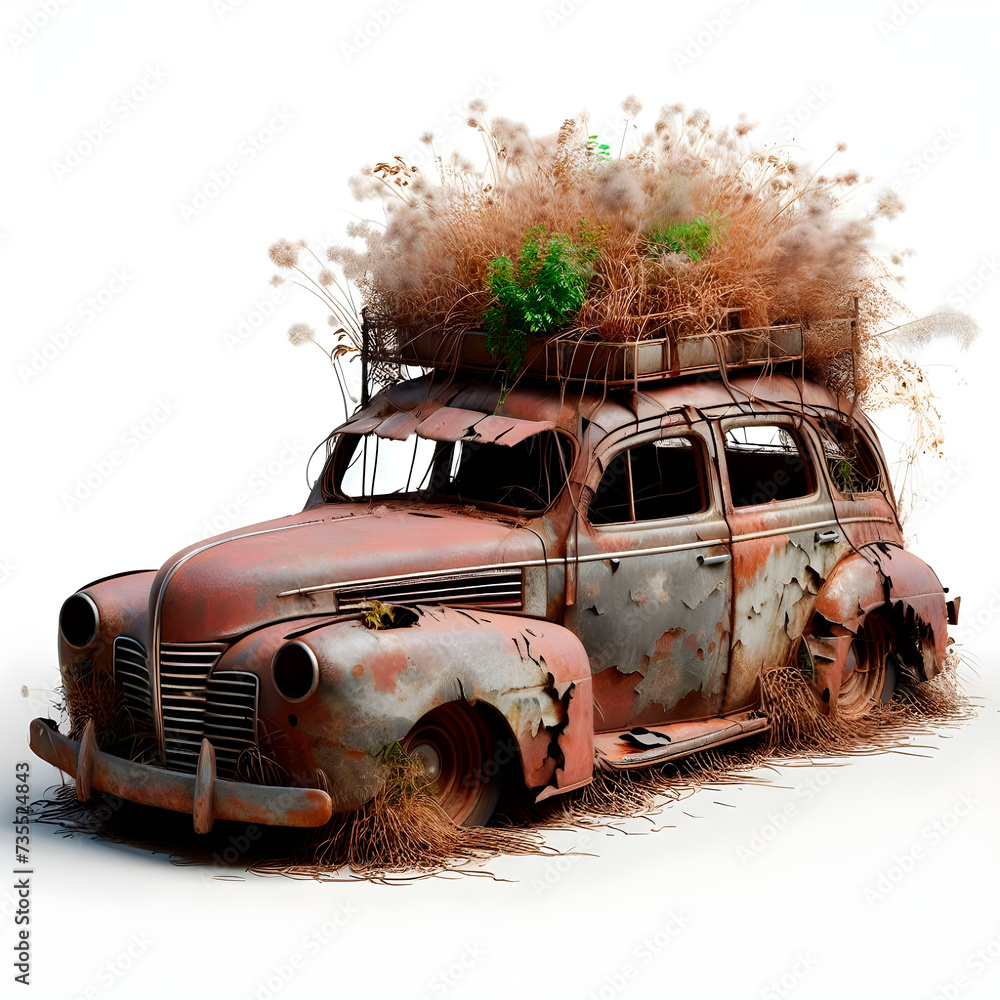 rusted car, dented, and covered by untamed vegetation - obrazy, fototapety, plakaty 