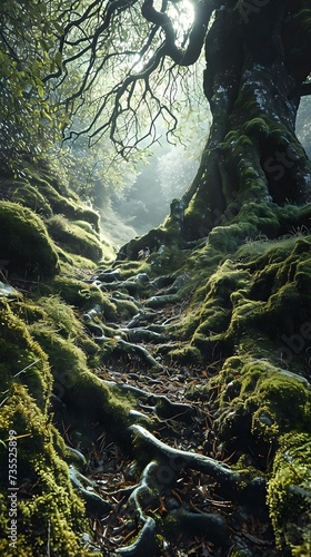 a path in the middle of a forest covered in moss