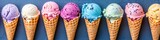 Six different colored ice cream cones in a row. Generative AI.