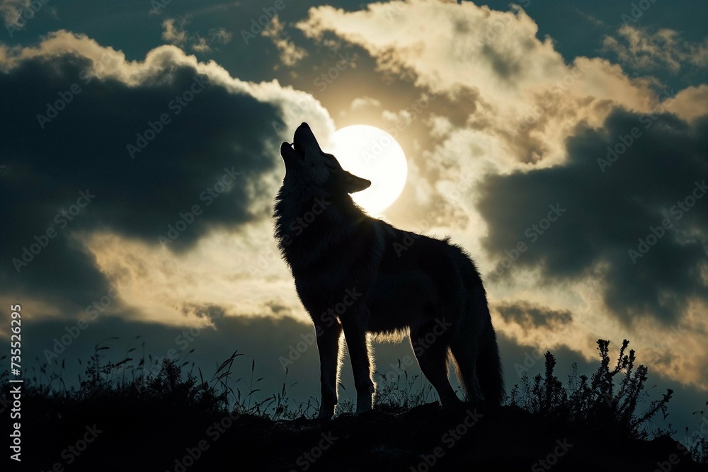 Photorealistic ai artwork of a wolf silhouette howling at the moon. Generative ai. Photorealistic ai artwork of a wolf silhouette howling at the moon. Generative ai.