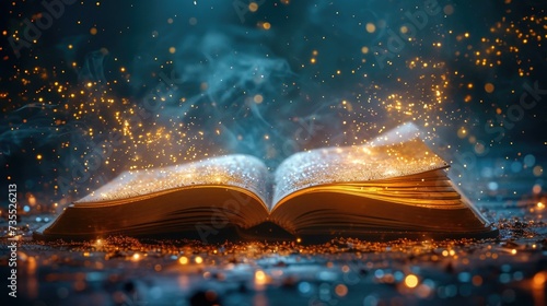 An open book with glowing sparks flying from it. Generative AI.