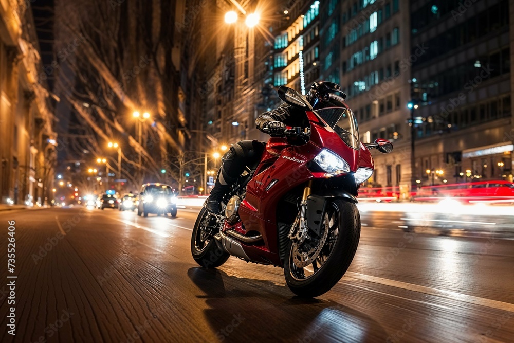 Photorealistic ai artwork of a red sports bike motorcycle travelling fast in a city street at night. Generative ai.