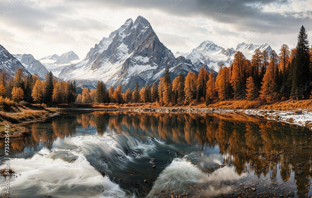 Photorealistic ai artwork of a lake and mountain landscape with reflections and snow Generative ai.