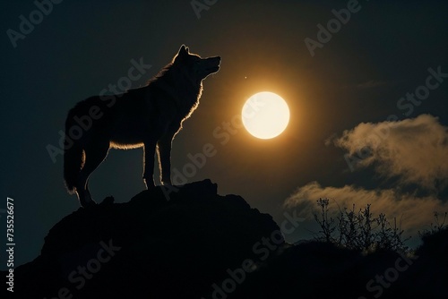 Photorealistic ai artwork of a wolf silhouette howling at the moon. Generative ai. © JG Marshall