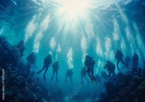 Photorealistic ai artwork of an underwater scene of a group of scuba divers. Generative ai. © JG Marshall
