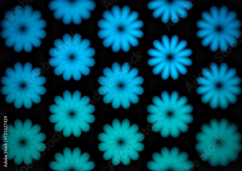 Blur blur flower on dark black background gradient, Blue glowing floral pattern on a black background