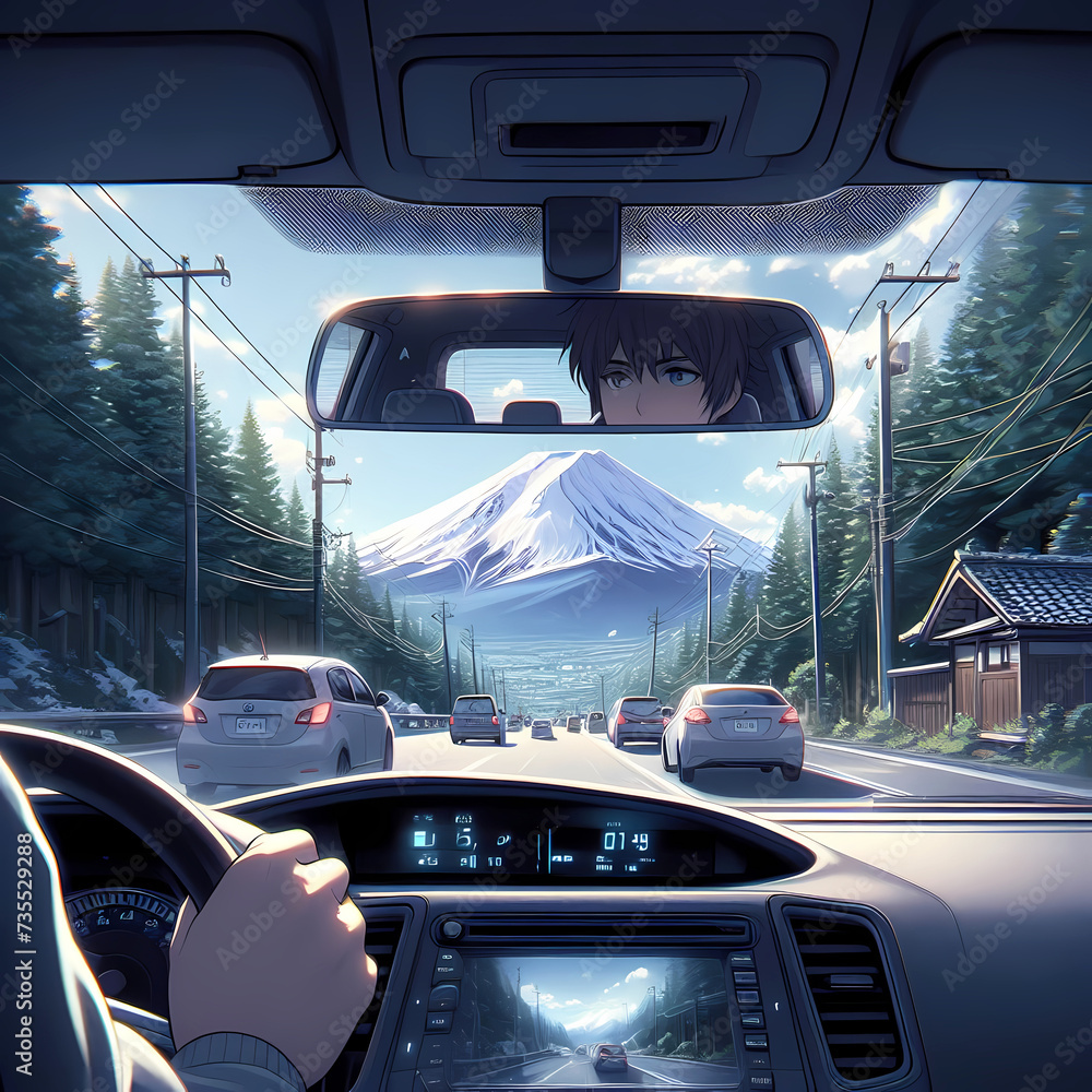 Man driving in a japanese highway, anime background illustration