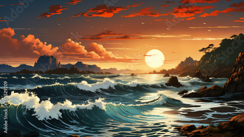 Sunset scene of an ocean anime illustration