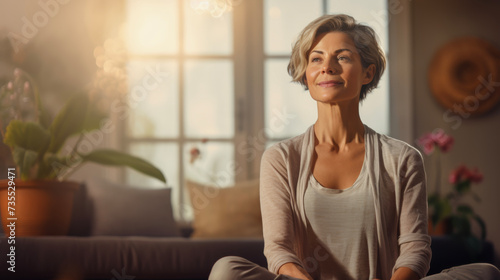 A woman sitting in a yoga position in front of a window. Healthy serene woman meditating at home with eyes closed, relaxing body and mind sitting on floor in living room. Mental health and medita photo