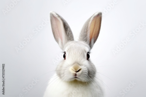 White rabbit pick up on a light grey background with copy space. Easter minimalistic concept with copy space. Cute pet for background, poster, print, design card, banner, flyer © ratatosk