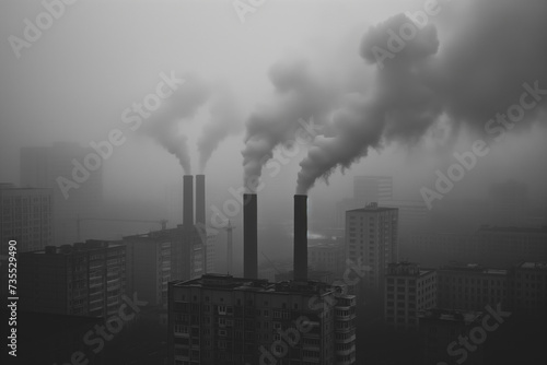 A cityscape shrouded in mist and industrial smoke, with factory chimneys releasing emissions into the early morning sky.