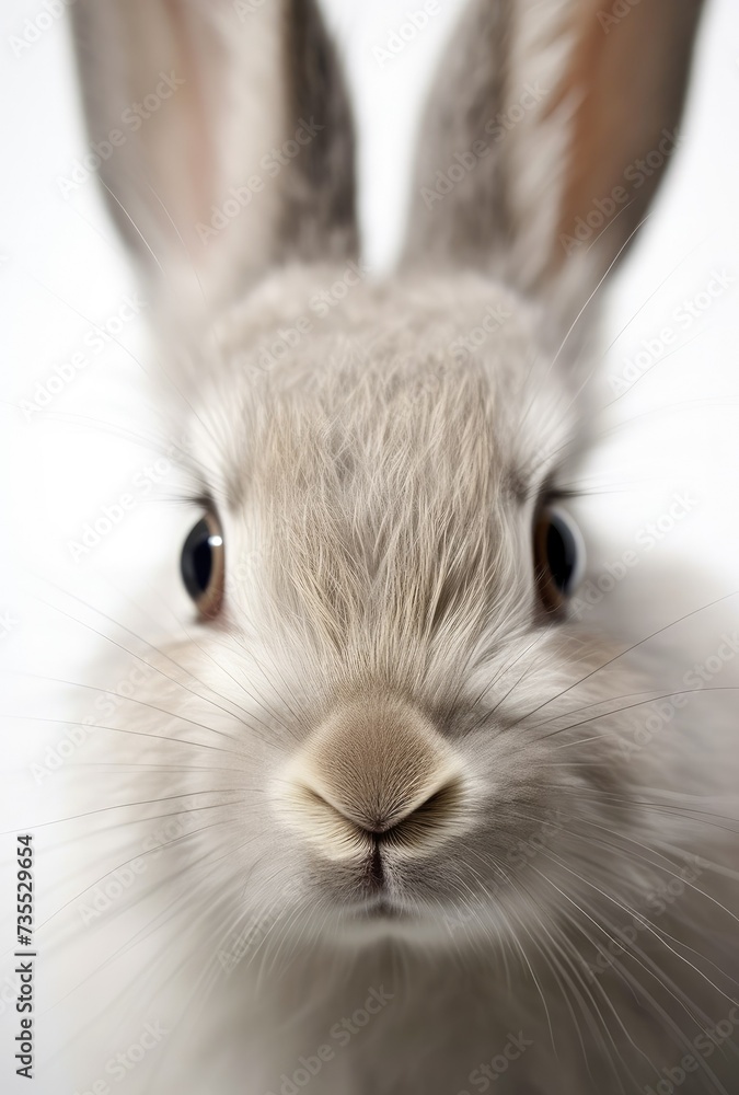 White rabbit on white background with copy space. Easter minimalistic concept with copy space. Cute pet for background, poster, print, design card, banner, flyer White rabbit on white background with copy space. Easter minimalistic concept with copy space. Cute pet for background, poster, print, design card, banner, flyer