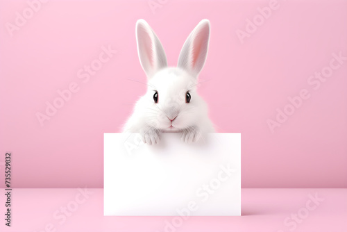White rabbit holding white empty card with copy space on pink background. Easter minimalistic concept. Cute pet for background, poster, print, design card, banner, flyer, invitation