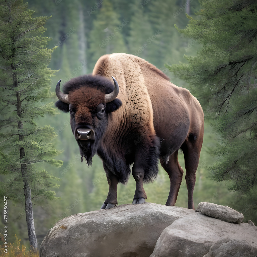 Fototapeta premium A formidable Bison standing on a rock surrounded by trees and vegetation. Splendid nature concept.