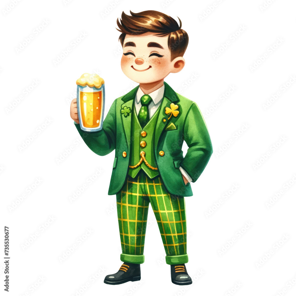 Watercolor man in a leprechaun costume holding a glass of beer. Irish culture concept. St. Patrick's Day element clipart. Watercolor man in a leprechaun costume holding a glass of beer. Irish culture concept. St. Patrick's Day element clipart.