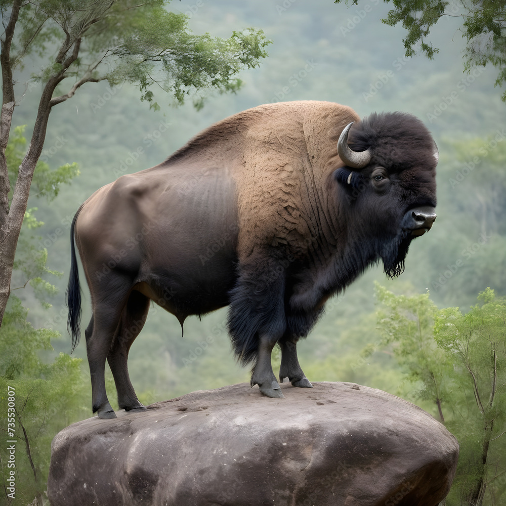 A formidable Buffalo standing on a rock surrounded by trees and vegetation. Splendid nature concept. A formidable Buffalo standing on a rock surrounded by trees and vegetation. Splendid nature concept.