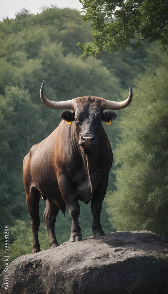 A formidable Bull standing on a rock surrounded by trees and vegetation. Splendid nature concept. A formidable Bull standing on a rock surrounded by trees and vegetation. Splendid nature concept.