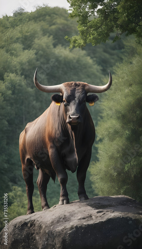 A formidable Bull standing on a rock surrounded by trees and vegetation. Splendid nature concept. © Antonio Giordano