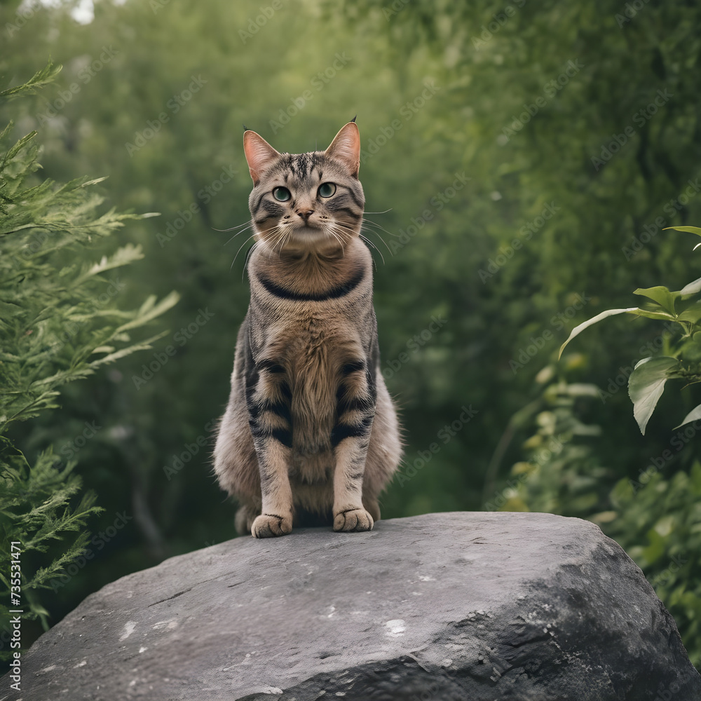 A formidable Cat standing on a rock surrounded by trees and vegetation. Splendid nature concept. A formidable Cat standing on a rock surrounded by trees and vegetation. Splendid nature concept.